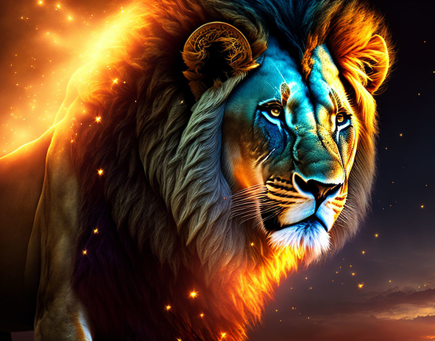 Majestic lion with vibrant mane in cosmic setting