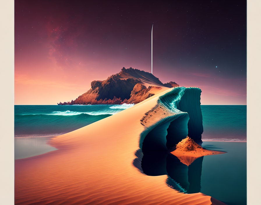 Surreal landscape with sand dune, rocky mountain, monolith, and ocean