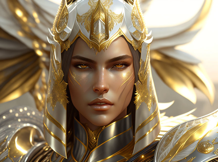 Majestic female warrior in golden armor and helmet with ornate patterns and white feathered wings.