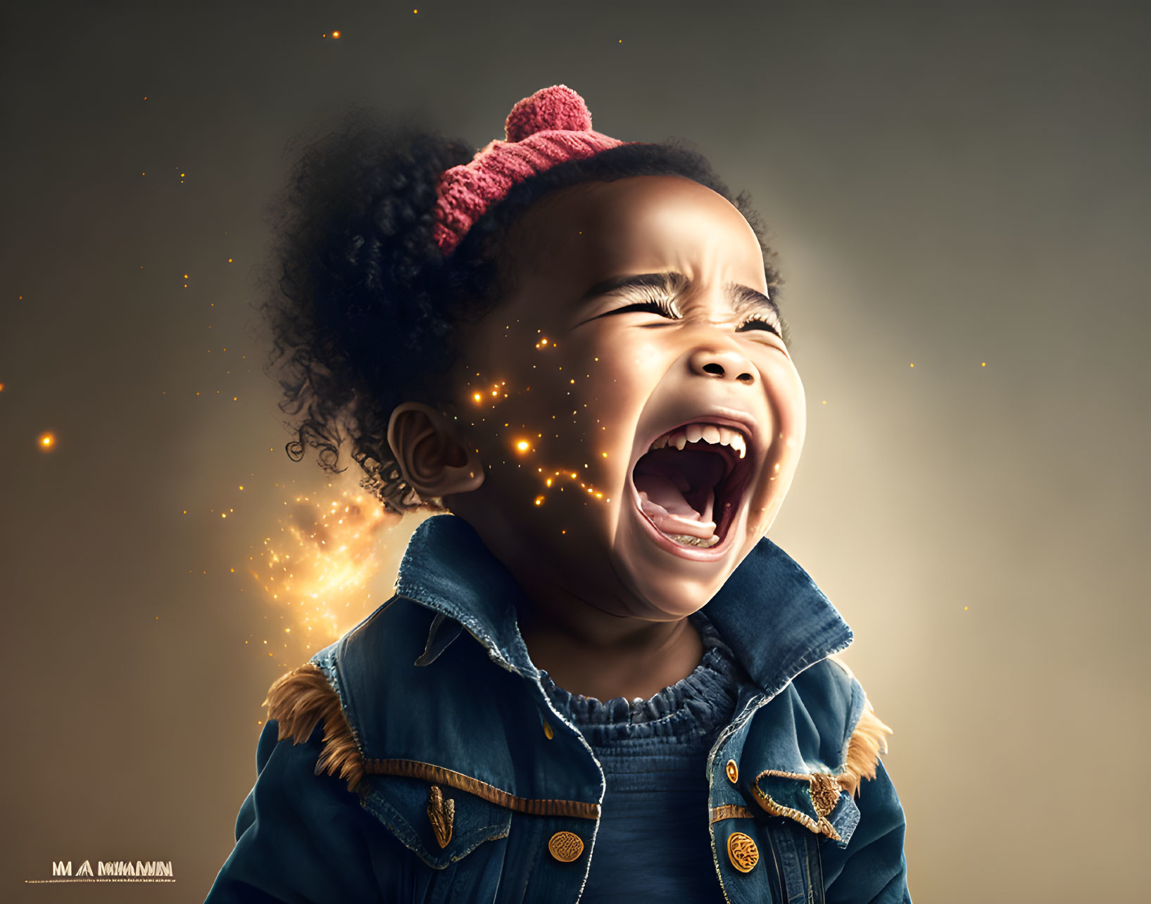 Child in denim jacket and pink hat emits light from mouth.