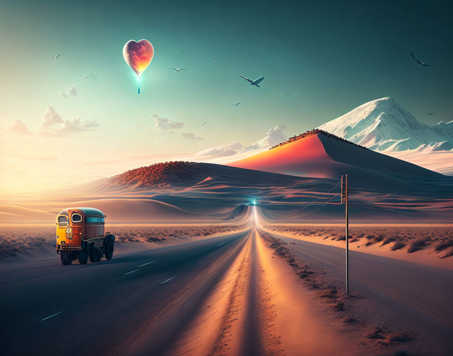 Vintage bus on desert road to snow-capped mountains with heart-shaped hot air balloon and birds