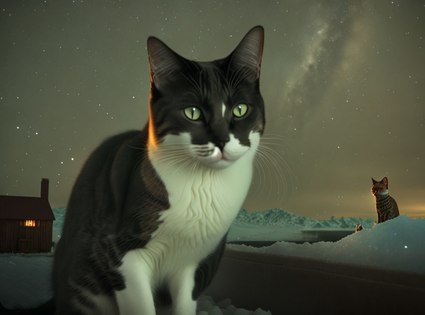 Black and White Cat in Snowy Landscape with Starry Sky