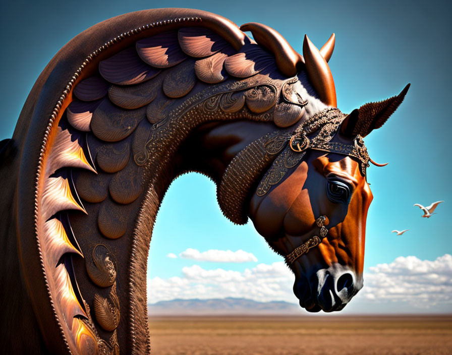 Stylized horse with ornate tack in desert setting with flying seagull