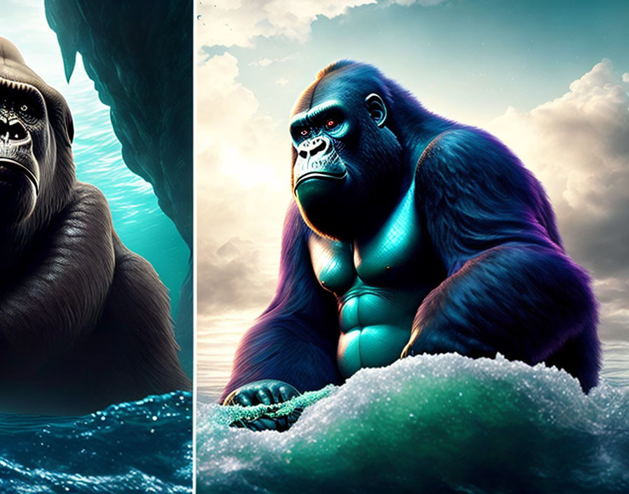 Gorillas in contrasting settings: shadowy vs. vibrant blue against stormy backdrop