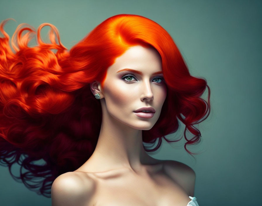 Bright red hair woman with blue eyes on teal background