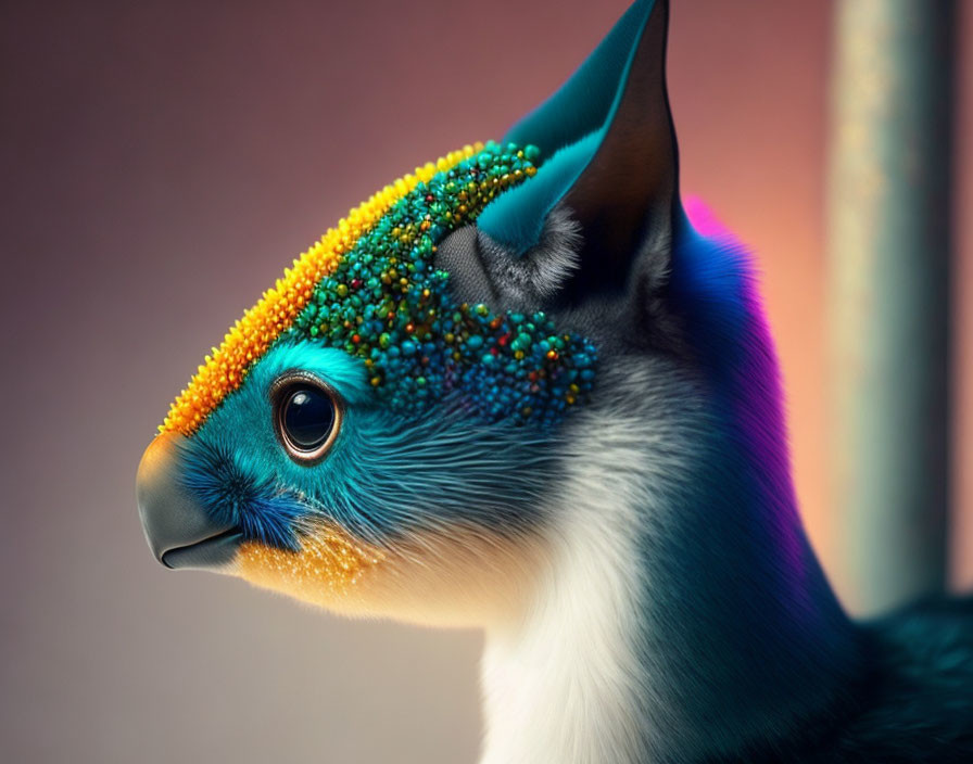 Colorful bird-like creature with vibrant feathers in close-up view