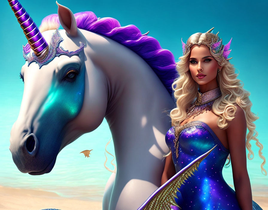 Blonde woman in galaxy armor with unicorn in purple mane