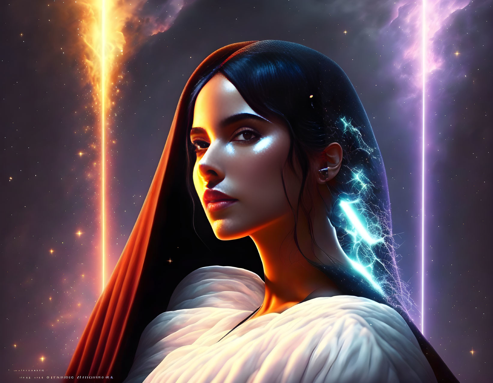 Digital artwork of woman with sleek hair and cosmic energy in starry space.