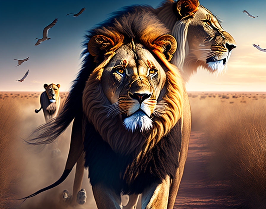 Majestic lions with monkey and birds in desert scene