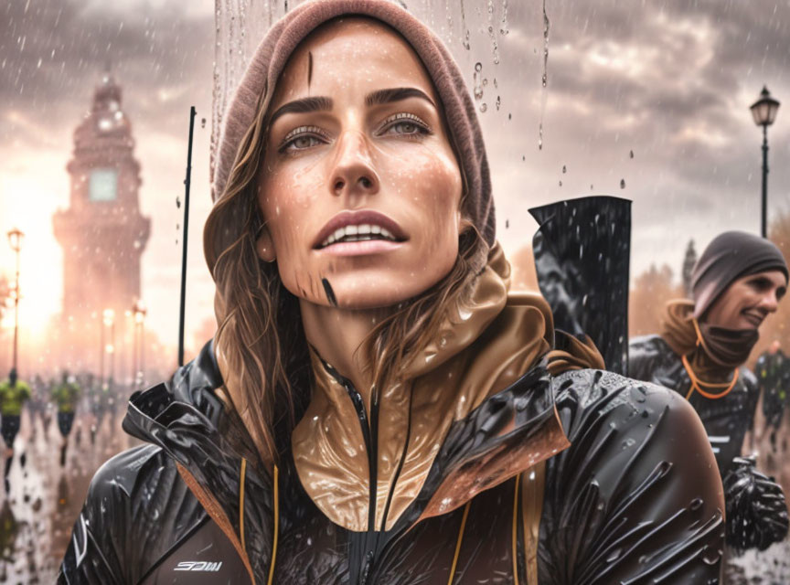 Woman in raincoat with water droplets, Big Ben in background