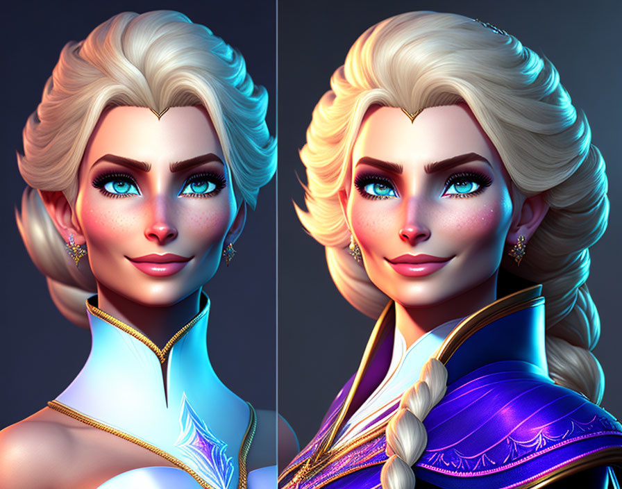 Stylized 3D Renderings of Female Character with Blue and Purple Outfits