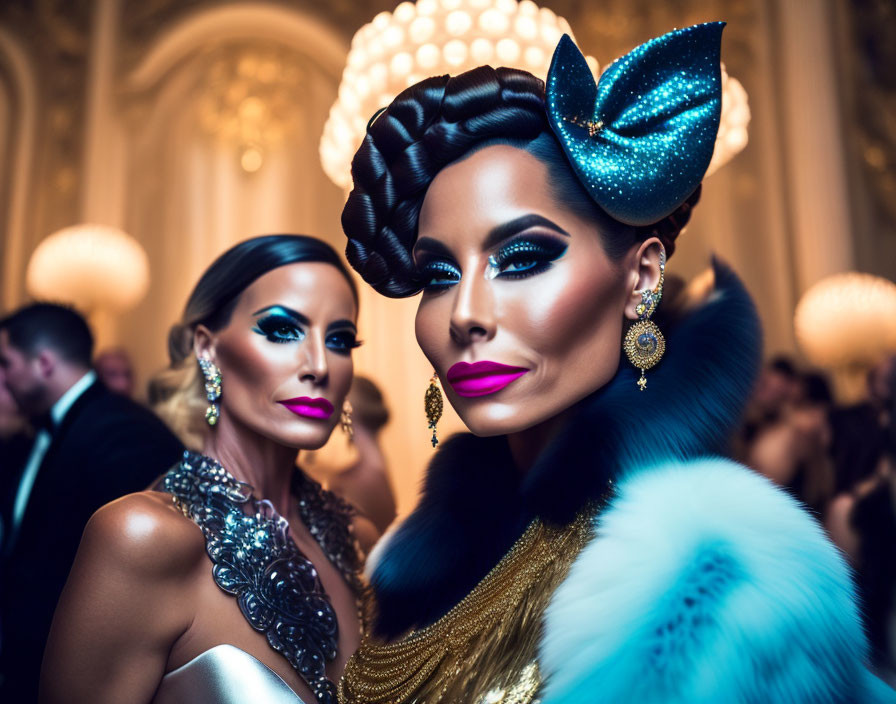 Two women in dramatic makeup and elegant attire at a luxurious event