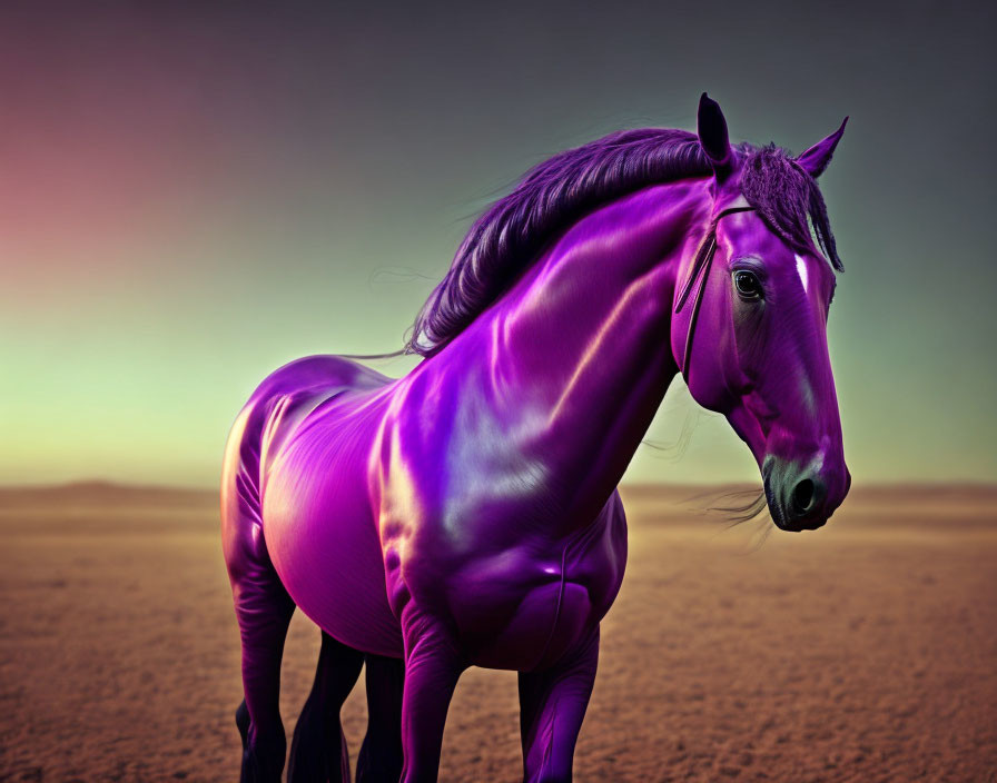 Purple horse with shiny coat in desert twilight