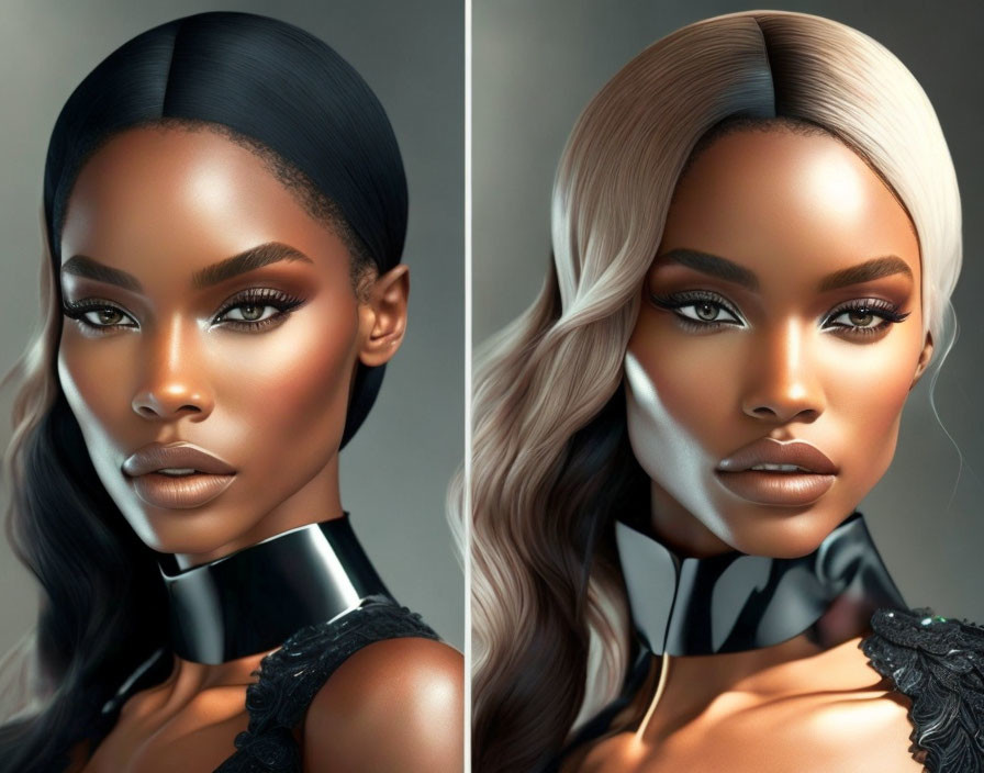 Two digital portraits of a woman with striking eyes and full lips, one black-haired and the other white