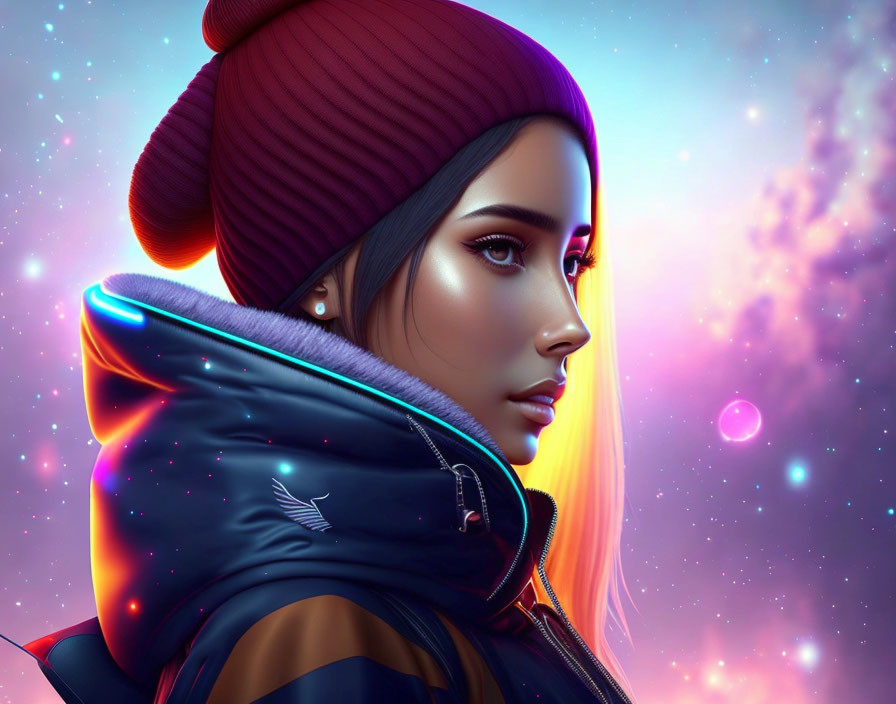 Profile of Woman in Beanie and Jacket on Colorful Cosmic Background