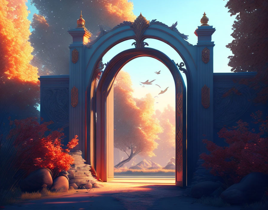 Ornate open gateway to serene autumnal landscape