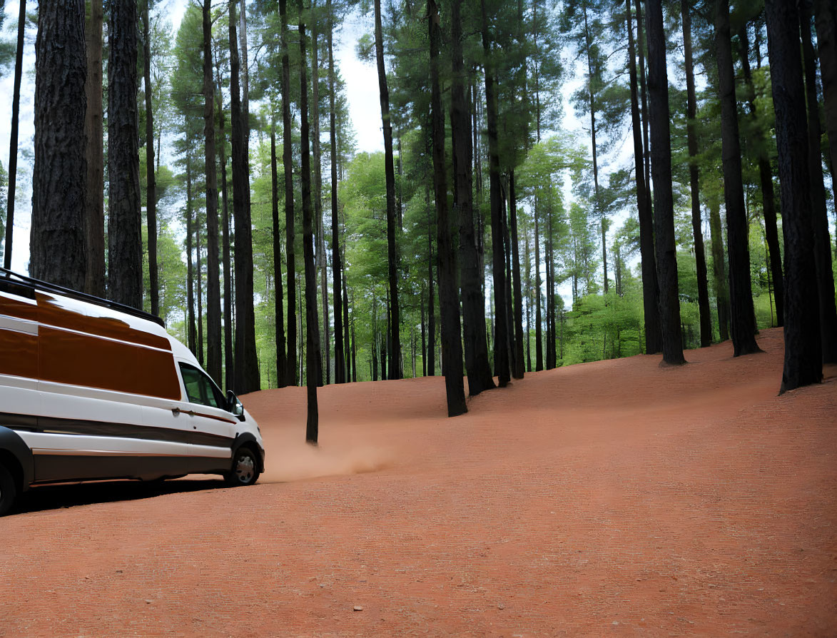 White Van Driving on Dusty Dirt Road Through Pine Forest