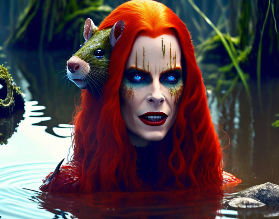 Fantastical image: Woman with red hair, blue makeup, emerging from water with rat on shoulder