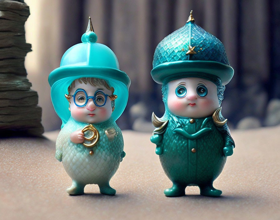 Aqua-colored elderly figurines with ornate hats and clothing details