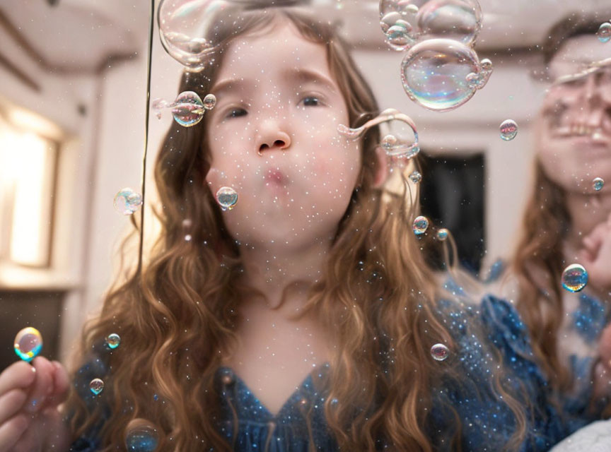 Young girl in blue dress blowing soap bubbles with adult reflection.