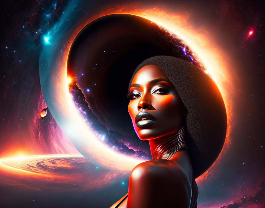 Cosmic-themed digital artwork blending woman's portrait with vibrant colors