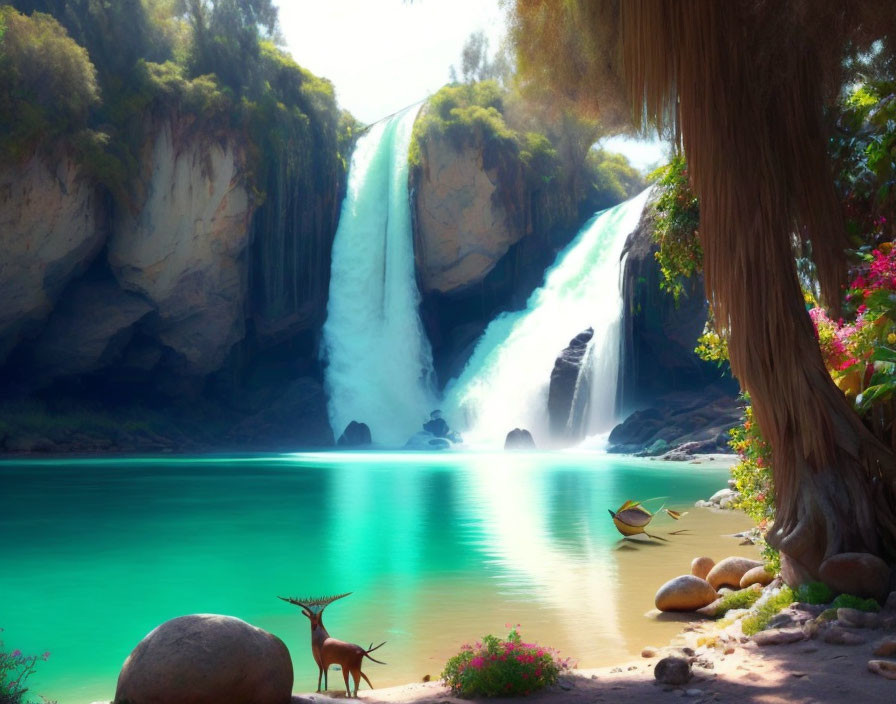 Majestic waterfall with turquoise pool, greenery, flowers, and deer