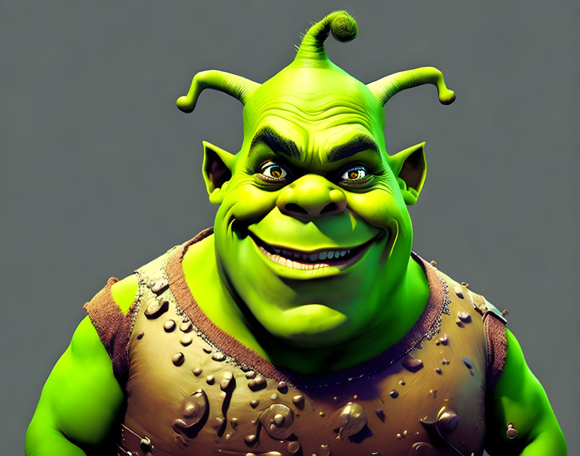 Smiling green ogre in brown vest with large ears