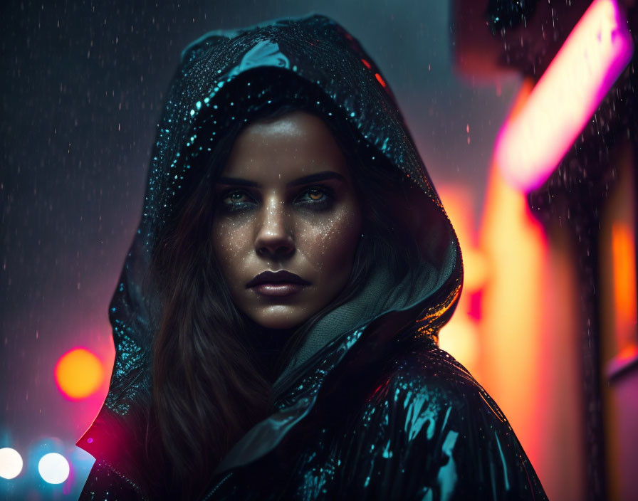 Intense gaze woman in rain-soaked hooded jacket at night with blurred neon lights