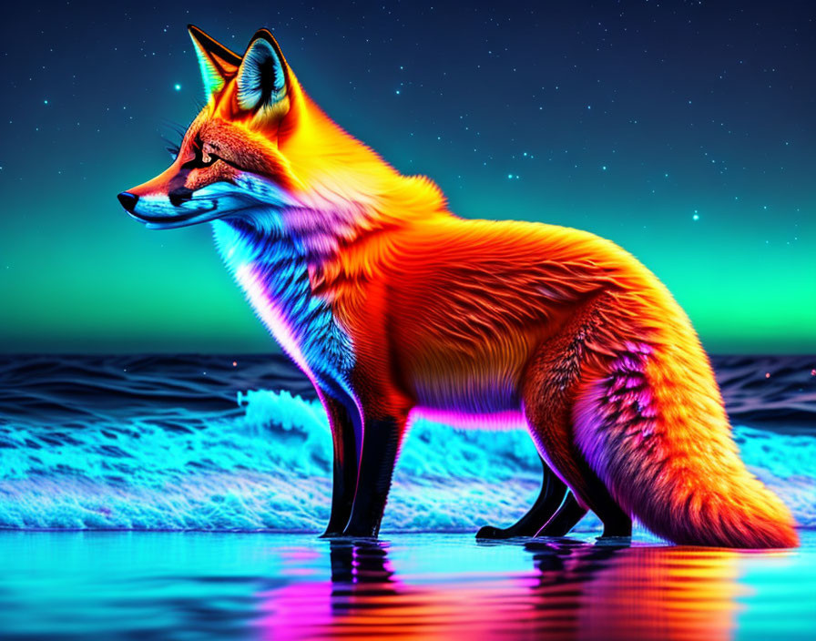 Colorful Fox by Water under Neon Night Sky