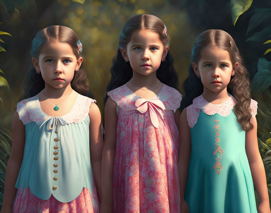 Three identical girls in vintage dresses and hair accessories against blurred natural backdrop