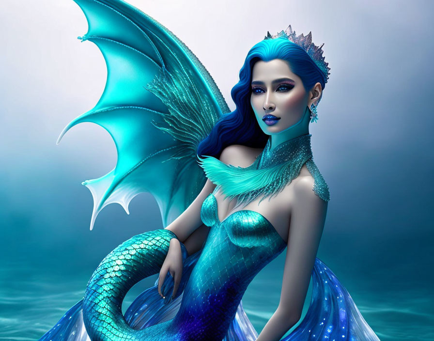 Blue-skinned mermaid digital art with gleaming tail and wing-like fins on moody background