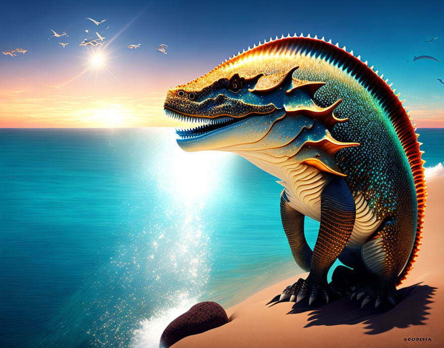 Colorful Dragon Illustration Basking by Ocean