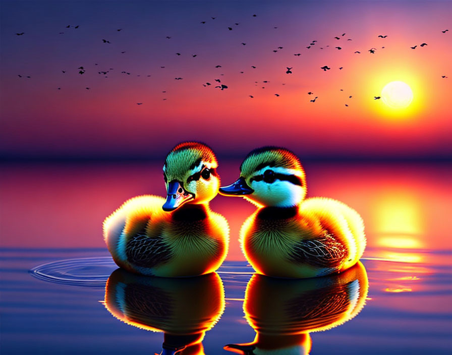 Pair of colorful ducklings on tranquil water at sunset with birds flying.