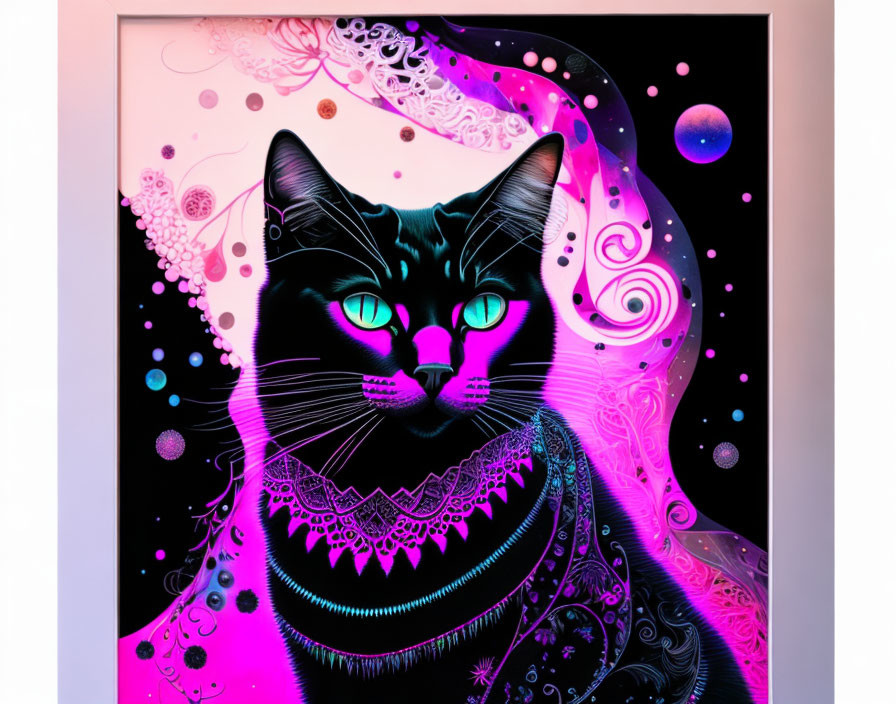 Vibrant digital artwork: Black cat with turquoise eyes in cosmic backdrop