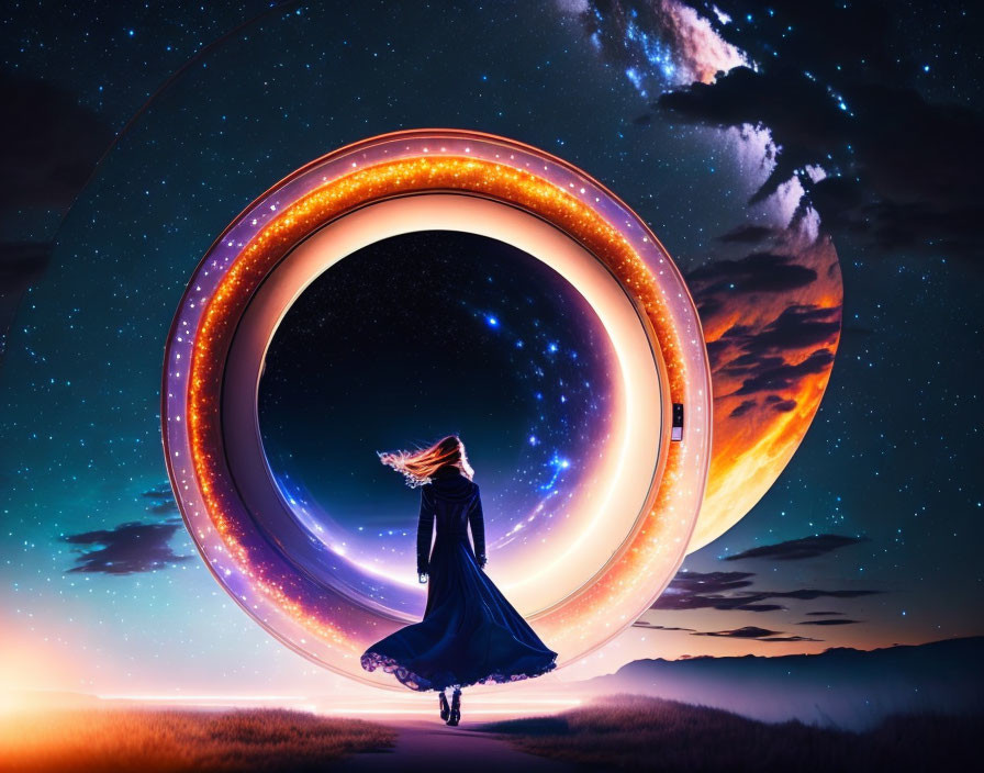 Woman in flowing dress at glowing futuristic portal between twilight sky and starry cosmic backdrop.