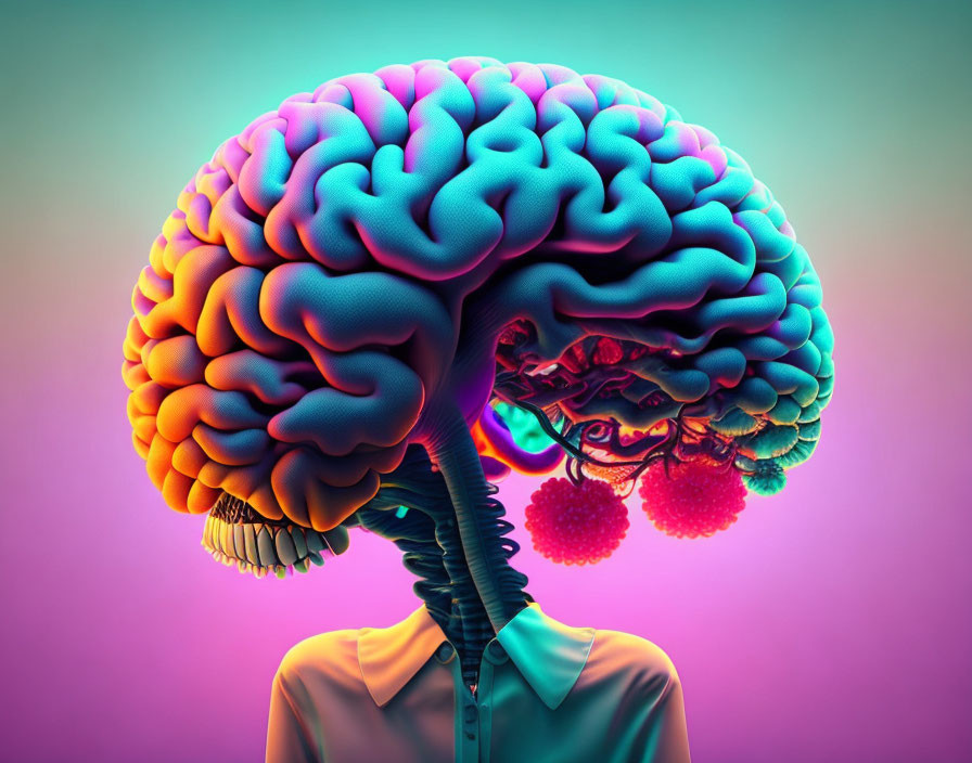 Colorful surreal artwork: person with brain head on gradient background