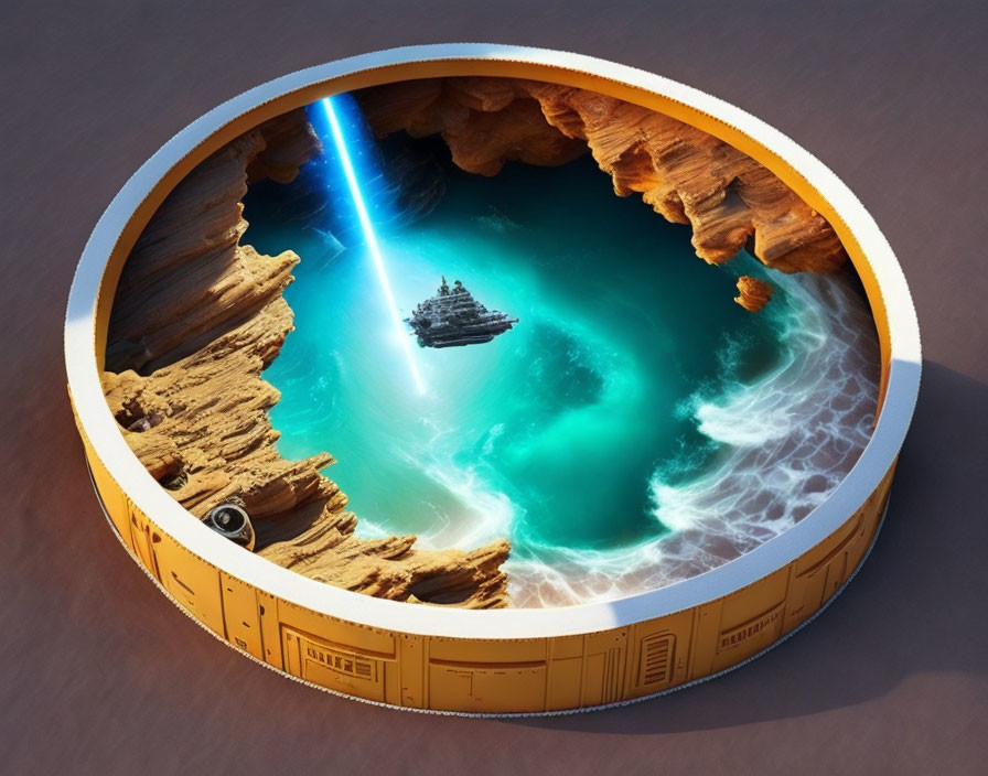 Circular Star Wars Scene Artwork: Spaceship Over Turquoise Sea & Rocky Cliffs