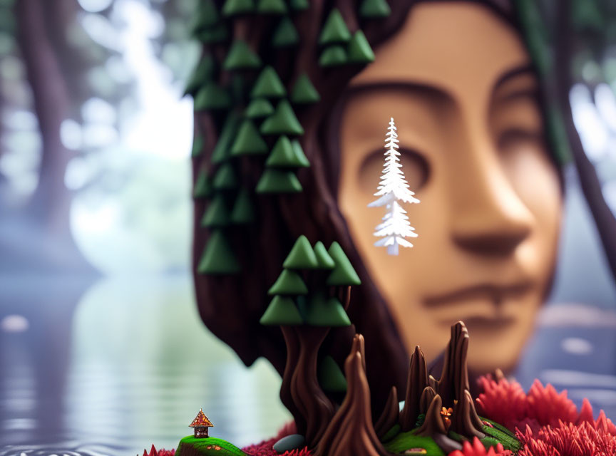 Giant Woman's Face in Tranquil Nature Scene