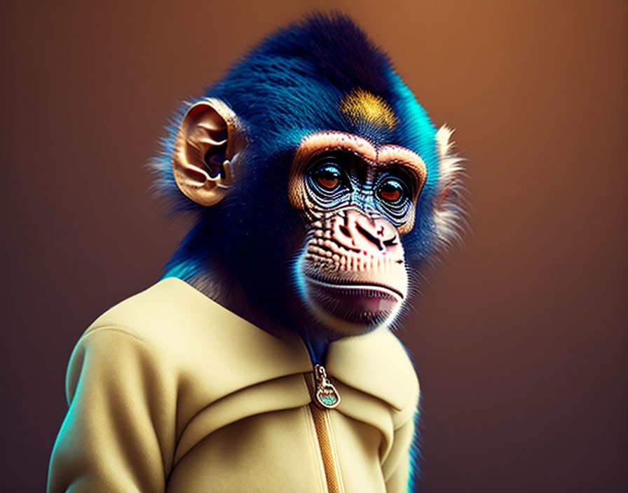 Mandrill in yellow jacket with zipper, thoughtful gaze on brown background