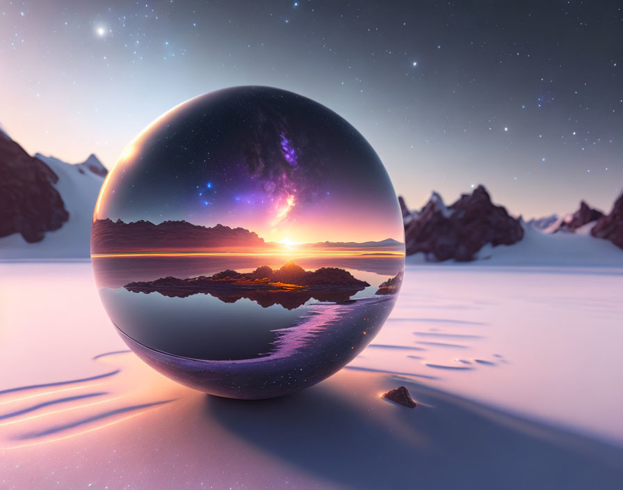 Crystal ball sunset reflection over sea and mountains.