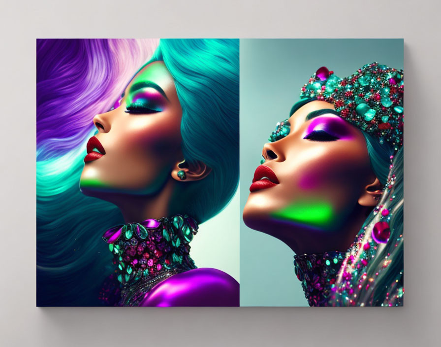 Colorful digital portrait of a woman with multicolored hair and makeup, wearing sparkling jewels.