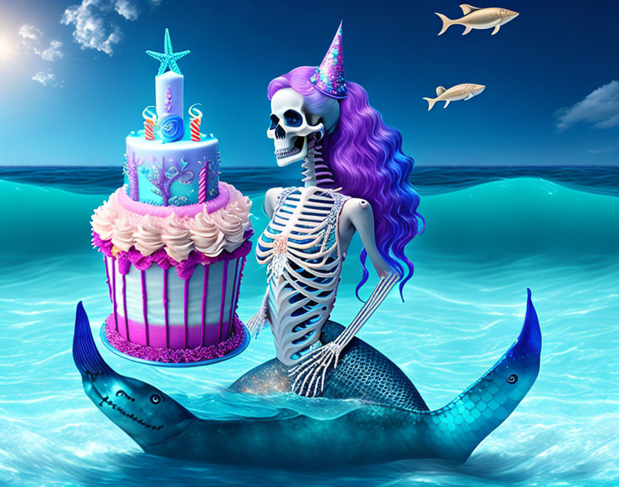 Skeleton Mermaid with Purple Hair Celebrates Birthday with Sharks and Flying Fish