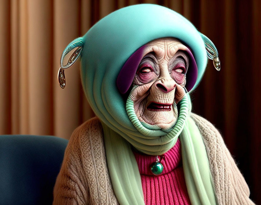 Elderly animated character with glasses, teal headscarf, and green sweater