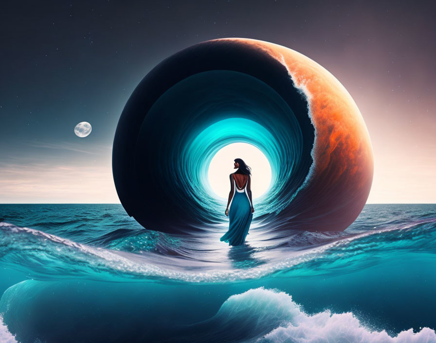 Surreal celestial tunnel with woman, ocean, cosmos, and twilight sky