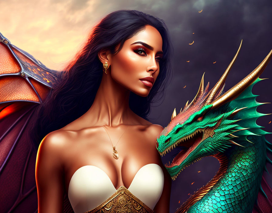 Dark-haired woman with gold jewelry beside green dragon in fantasy scene with embers.