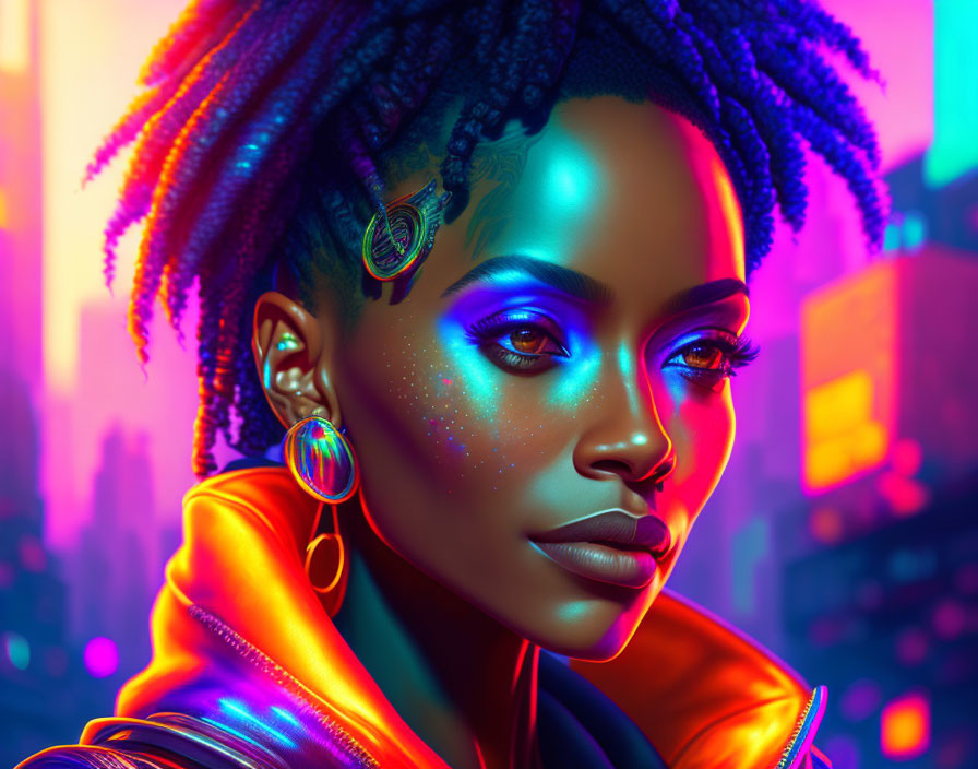 Colorful makeup and dreadlocks on a woman in a vibrant digital portrait.