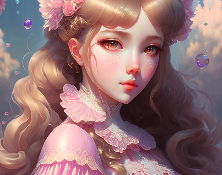 Blonde girl with roses, lace collar, and soap bubbles