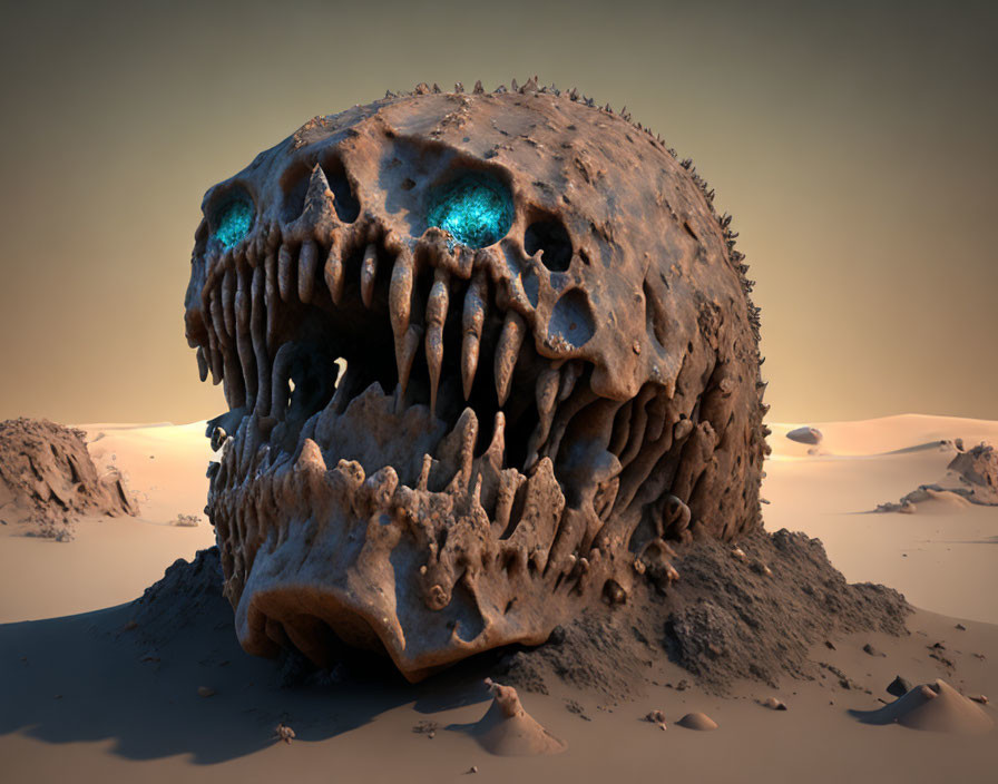 Monstrous Skull with Glowing Blue Eyes in Desert Sands