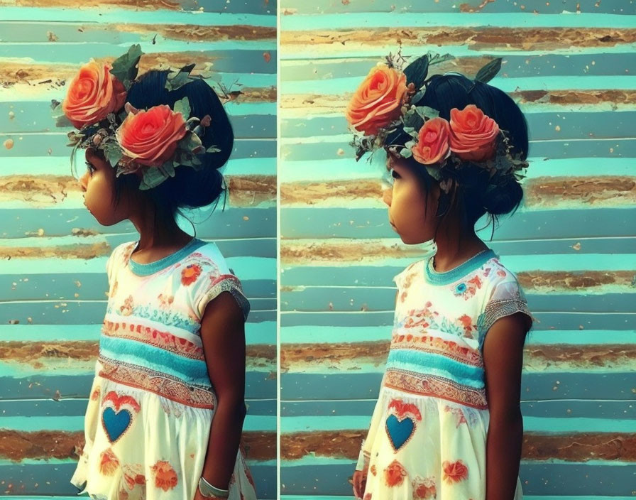 Young girl in floral dress and rose headband against striped background