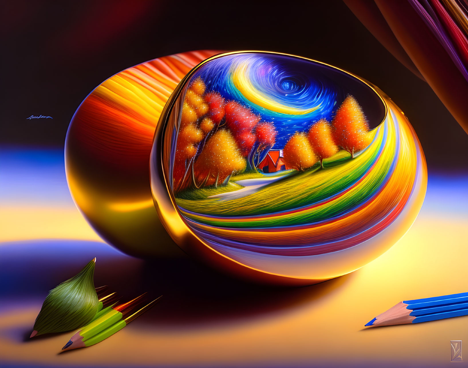 Colorful Surreal Landscape Illustration with Distorted Spherical Shape